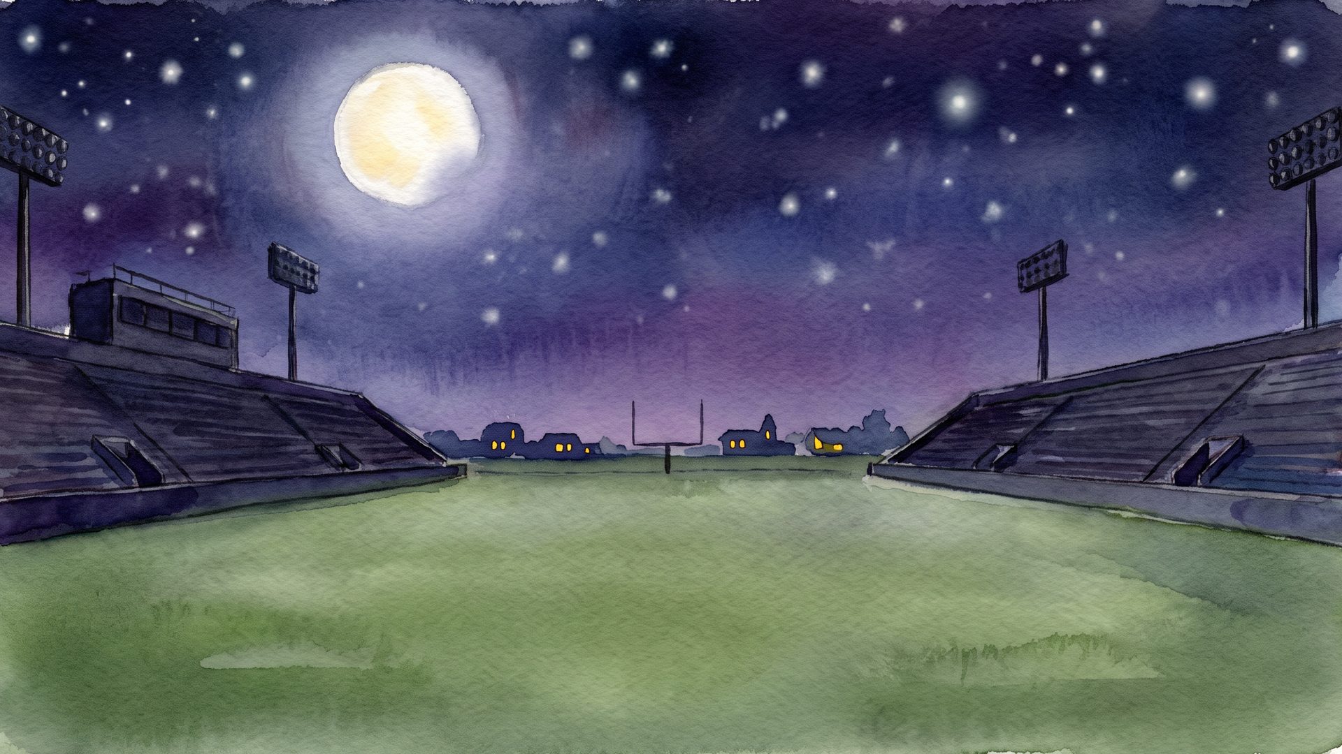A quiet, moonlit college football stadium at night